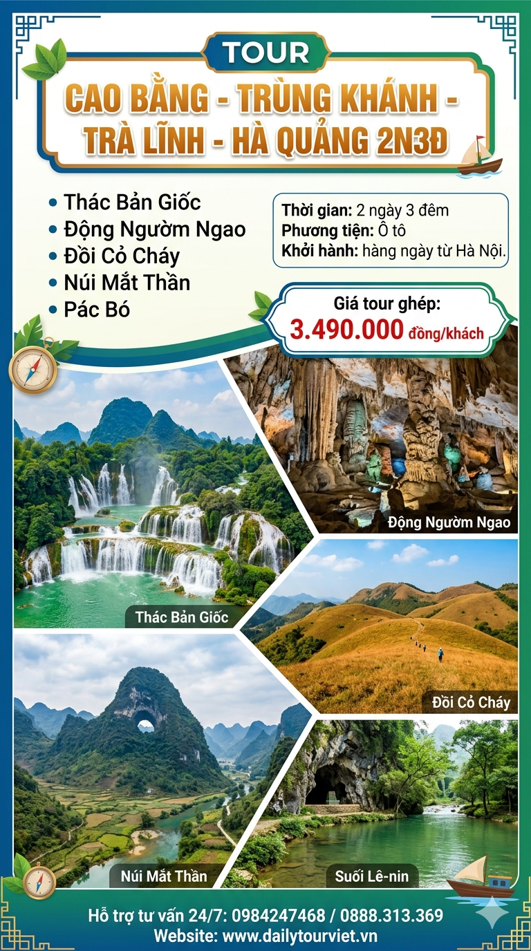 Tour Cao Bằng - Thác Bản Giốc - Động Ngườm Ngao - Đồi Cỏ Cháy - Núi Mắt Thần - Pác Bó 2N3Đ