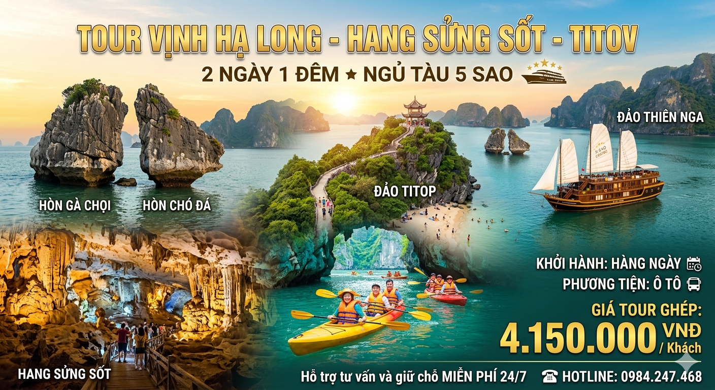 Tour hạ Long 2 ngày 1 đêm ngủ tàu 5 sao